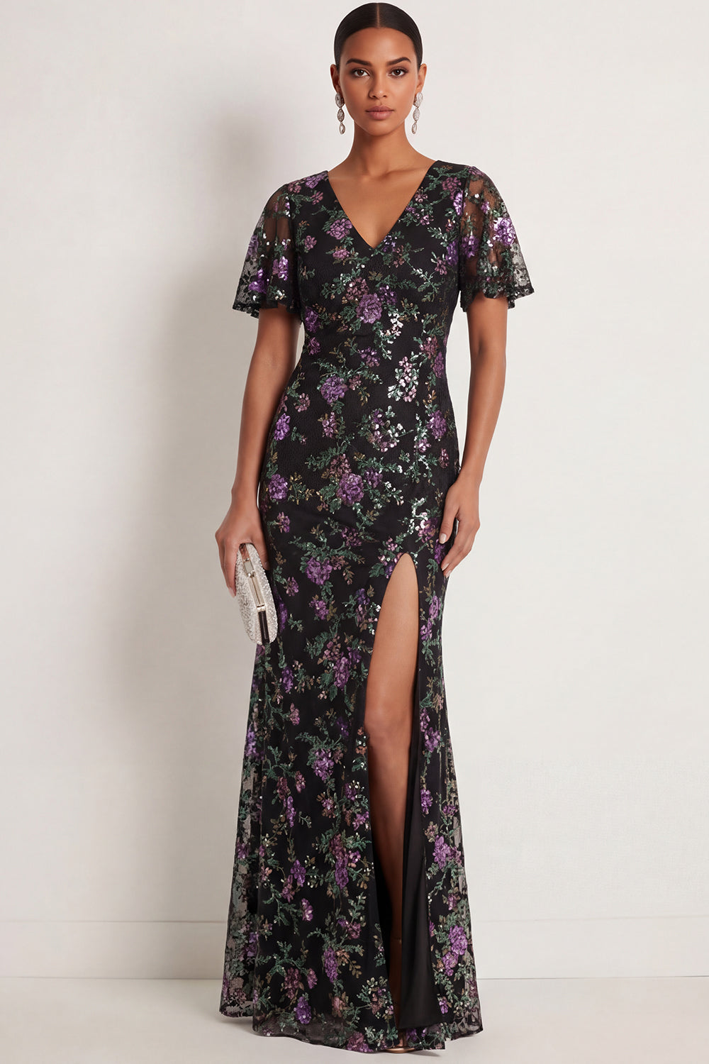 Black Sparkly Sequined Mermaid Floral Long Formal Dress with Slit