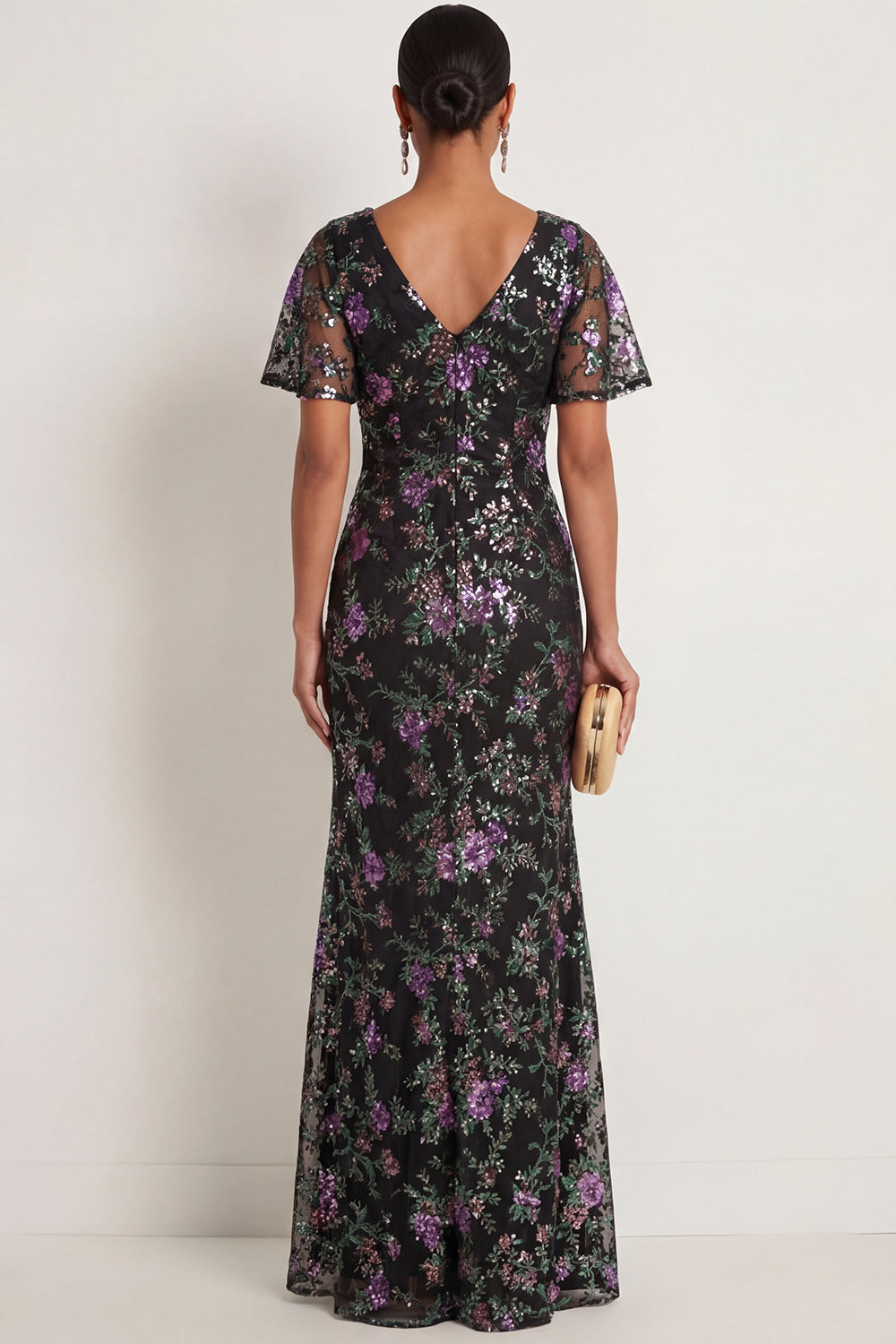 Black Sparkly Sequined Mermaid Floral Long Formal Dress with Slit