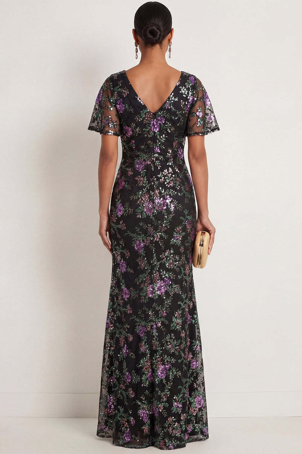 Black Sparkly Sequined Mermaid Floral Long Formal Dress with Slit