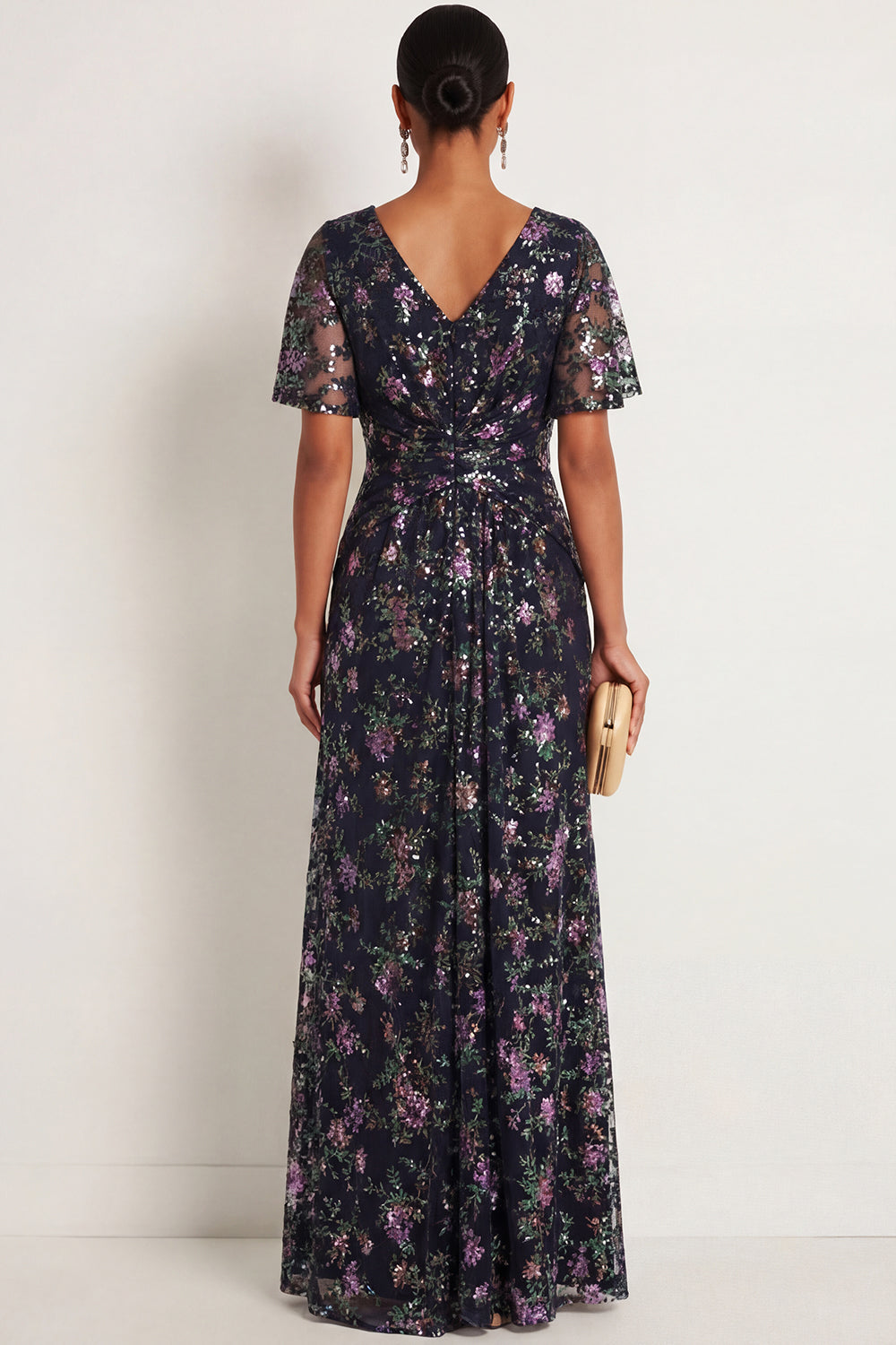 Sparkly Sequined Black V Neck Floral Ruched Long Formal Dress