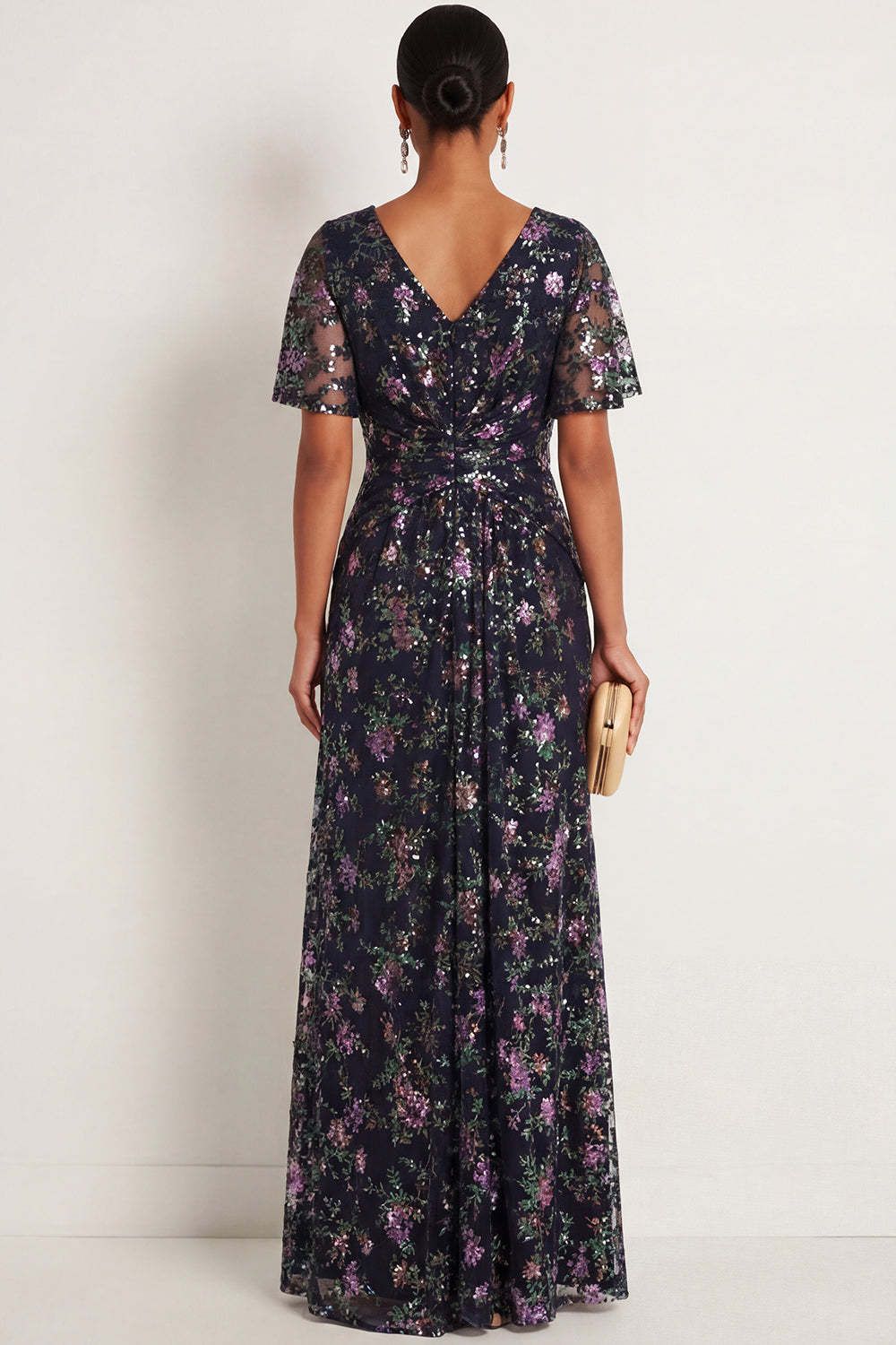 Sparkly Sequined Black V Neck Floral Ruched Long Formal Dress