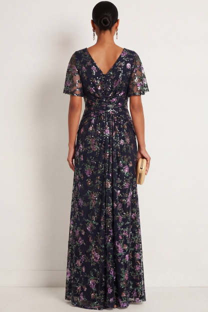 Sparkly Sequined Black V Neck Floral Ruched Long Formal Dress