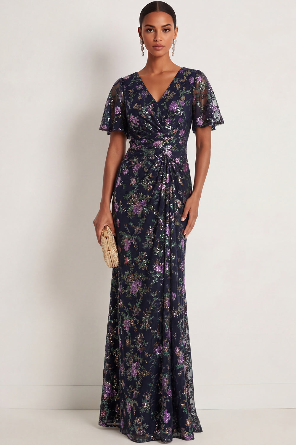 Sparkly Sequined Black V Neck Floral Ruched Long Formal Dress