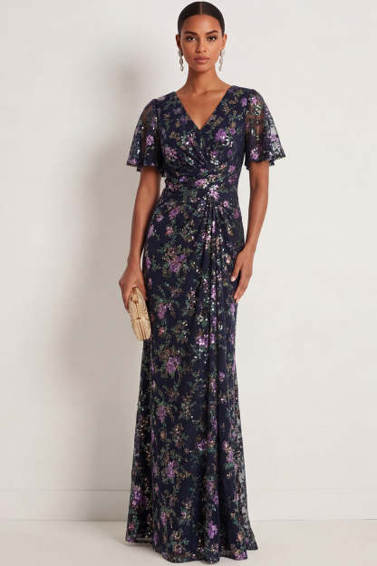 Leely Women Sparkly Sequined Black Floral Ruched Long Formal Dress Mermaid V Neck Wedding Guest Dress