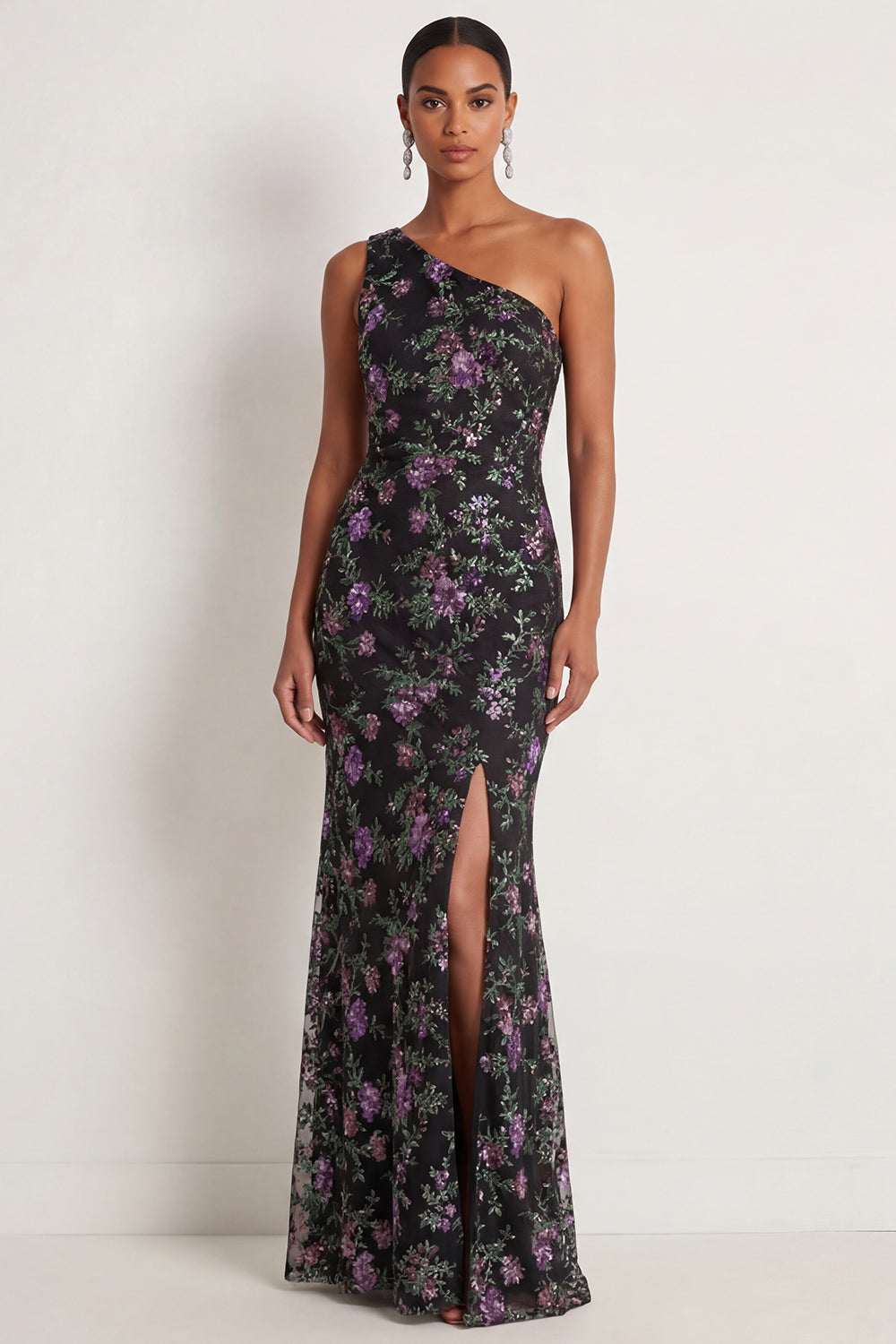Black Floral Mermaid One Shoulder Long Formal Dress with Slit