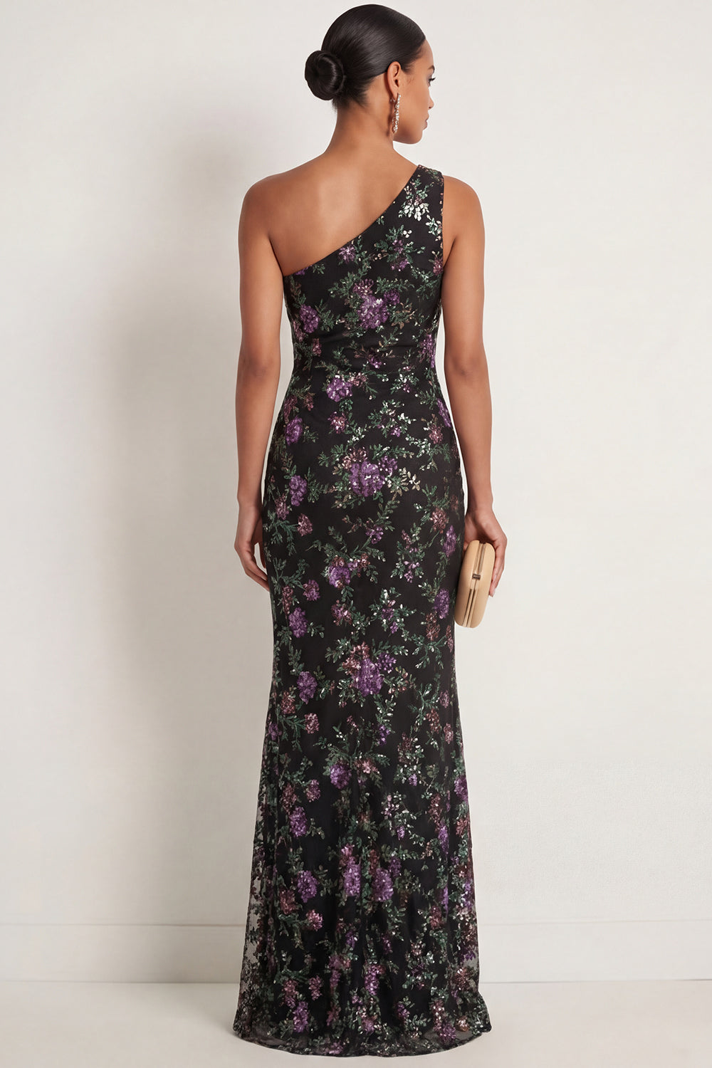 Black Floral Mermaid One Shoulder Long Formal Dress with Slit