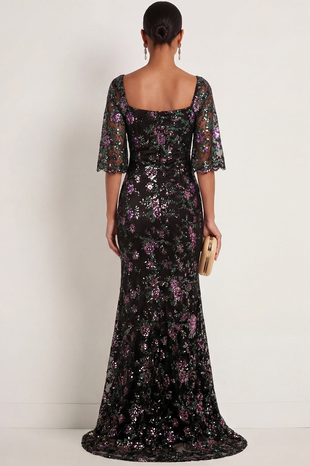 Black Sparkly Floral Mermaid Square Neck Long Formal Dress