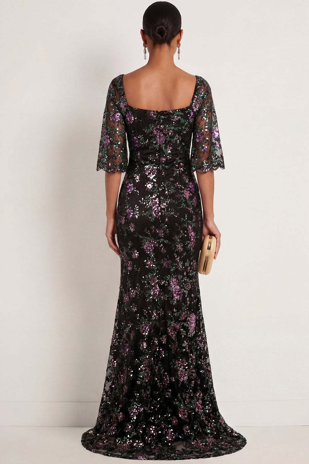 Black Sparkly Floral Mermaid Square Neck Long Formal Dress