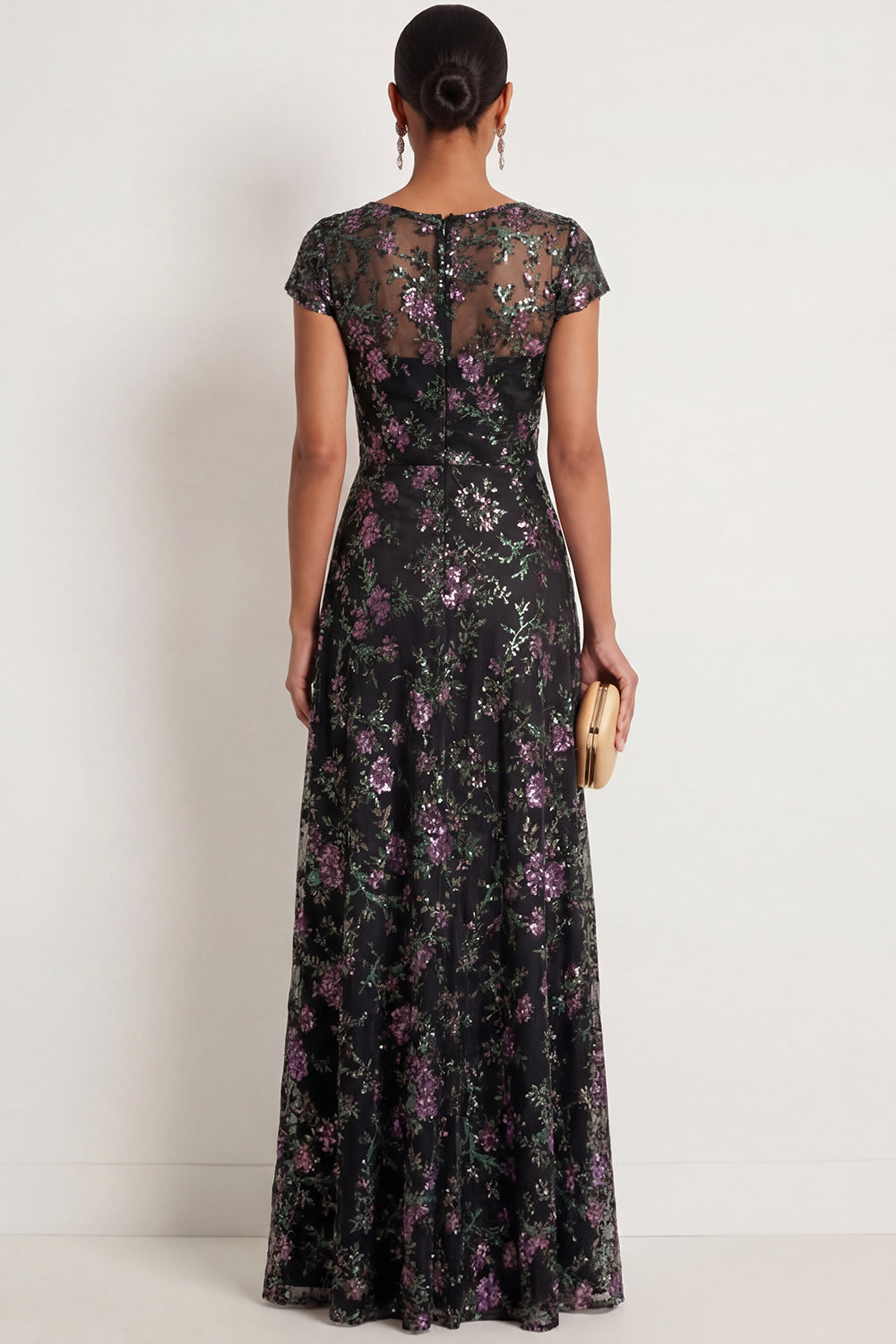 A Line Black Floral Sparkly Sequined Long Formal Dress