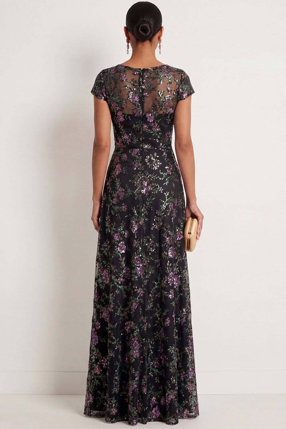 A Line Black Floral Sparkly Sequined Long Formal Dress