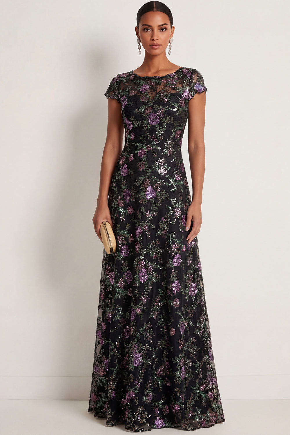 A Line Black Floral Sparkly Sequined Long Formal Dress