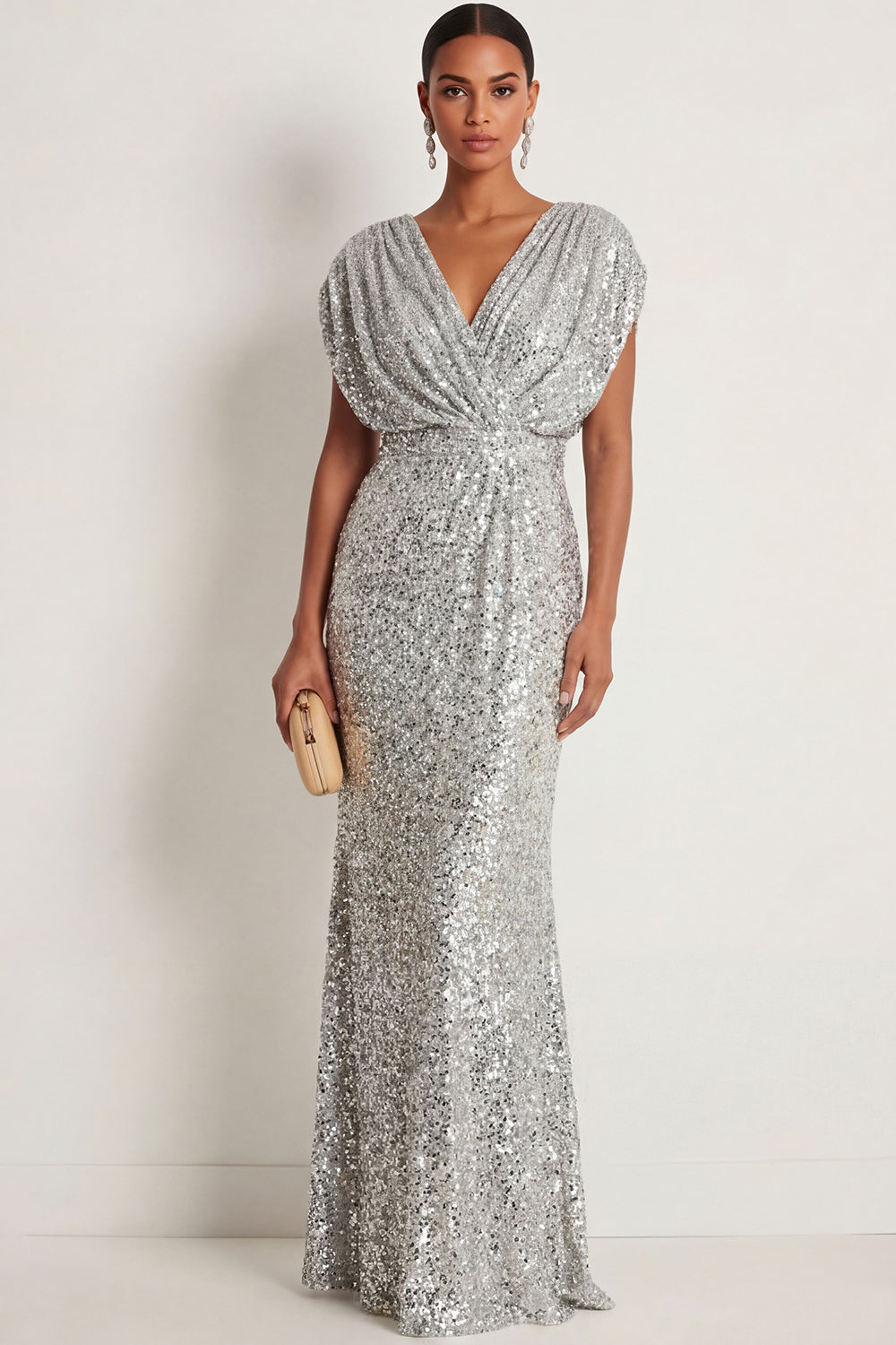 Sparkly Silver Mermaid V Neck Sequined Long Formal Dress