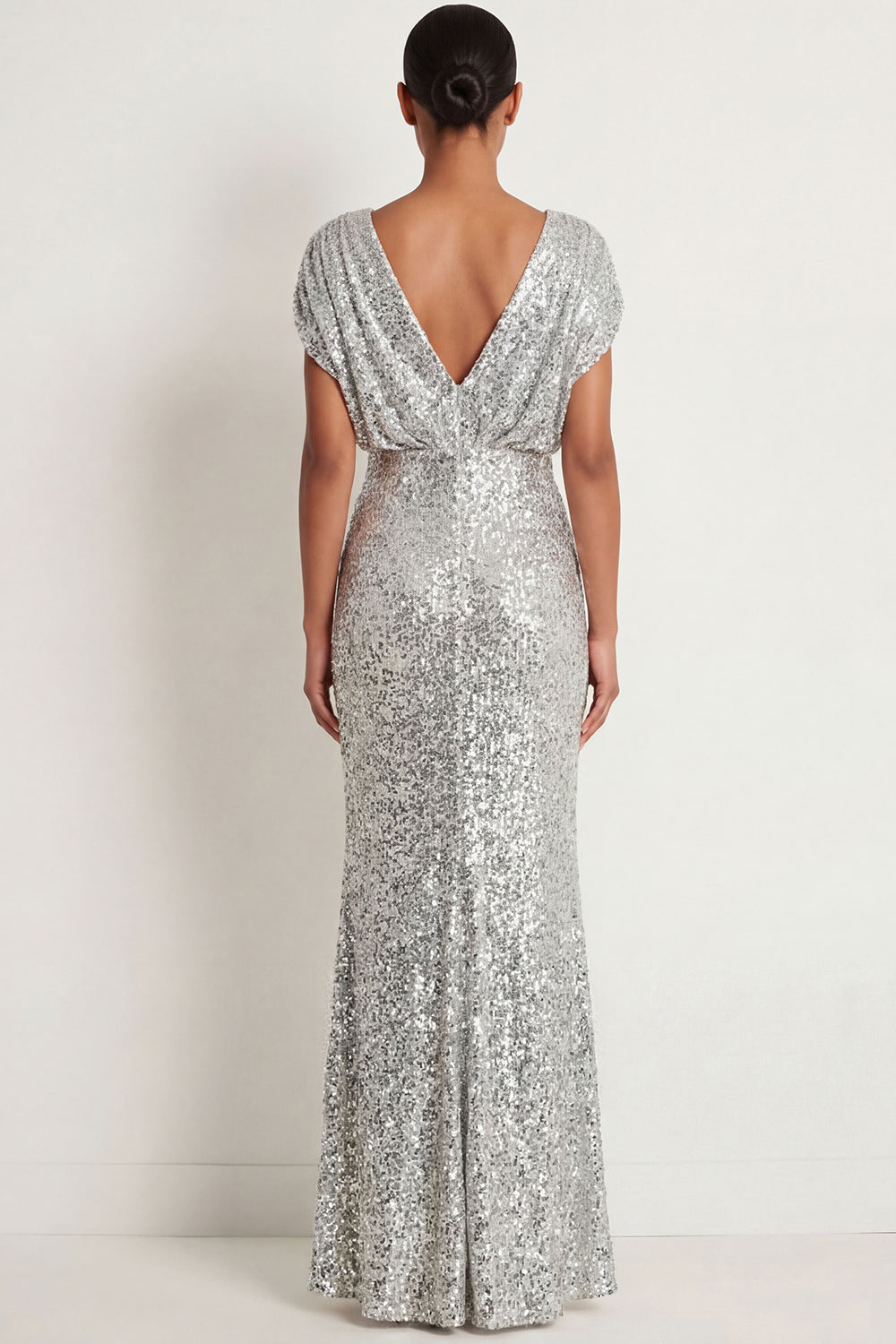 Sparkly Silver Mermaid V Neck Sequined Long Formal Dress