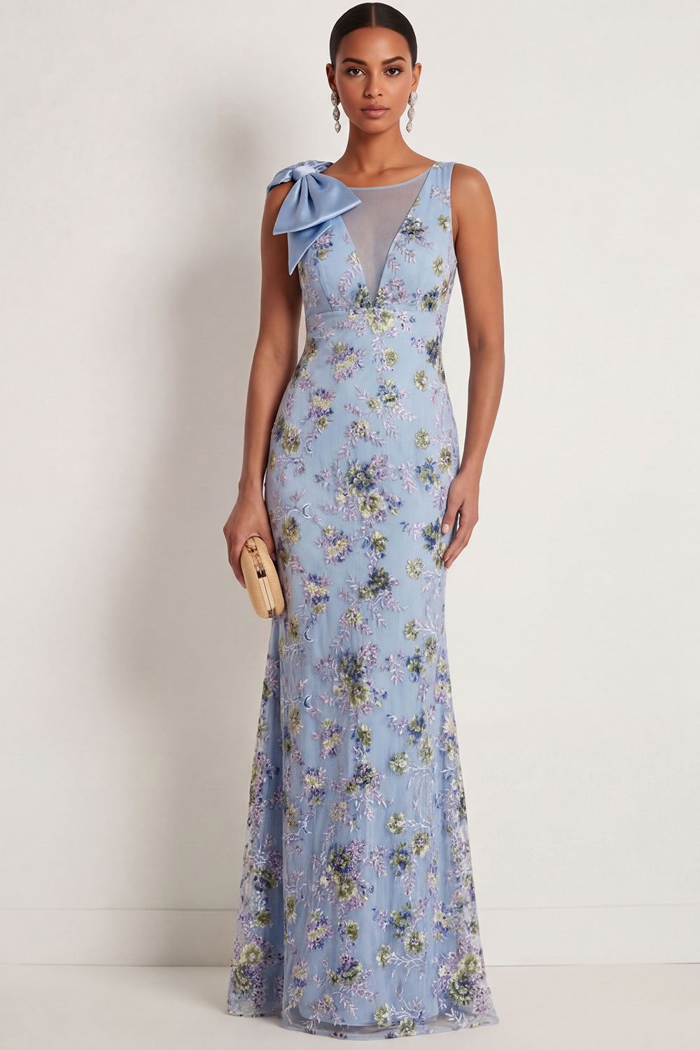 Blue Floral Mermaid Boat Neck Embroidered Long Formal Dress
