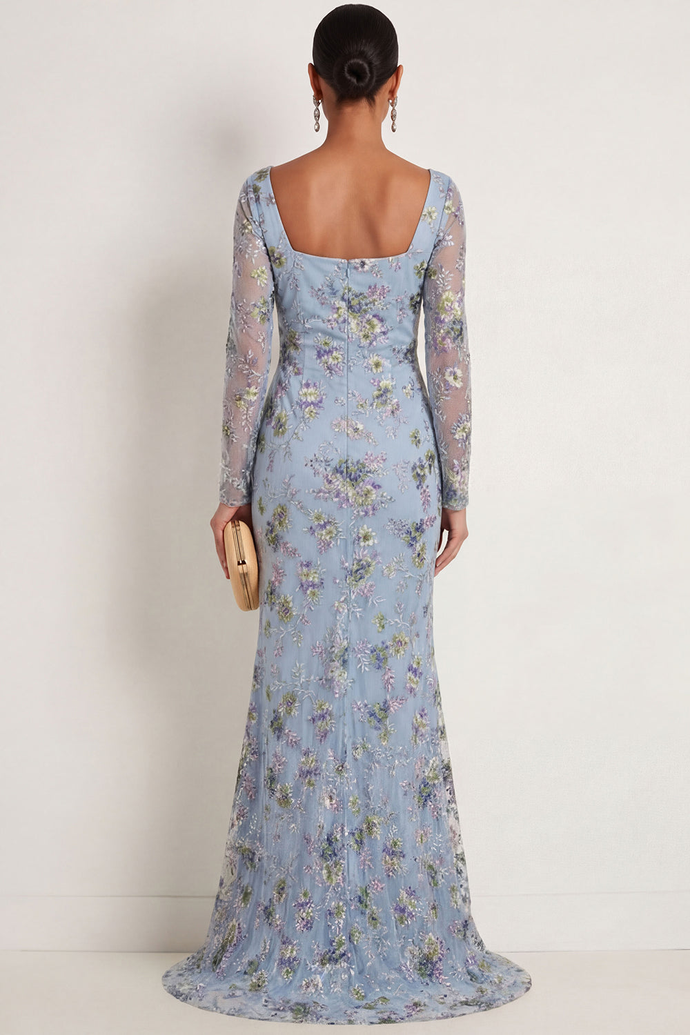 Blue Floral Mermaid Square Neck Embroidered Long Formal Dress with Slit