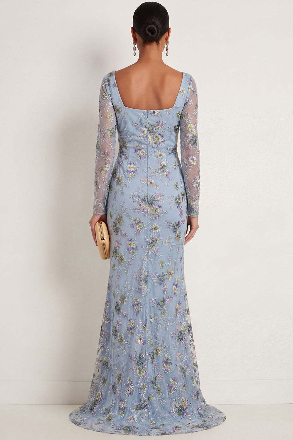 Blue Floral Mermaid Square Neck Embroidered Long Formal Dress with Slit