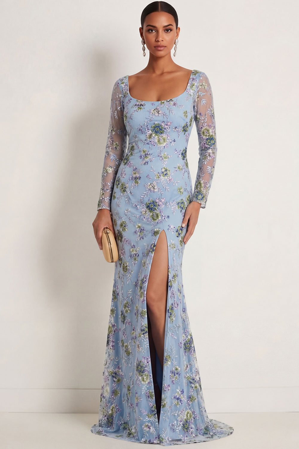 Leely Women Blue Floral Mermaid Embroidered Long Formal Dress with Slit Square Neck Backless Evening Dress with Sleeves