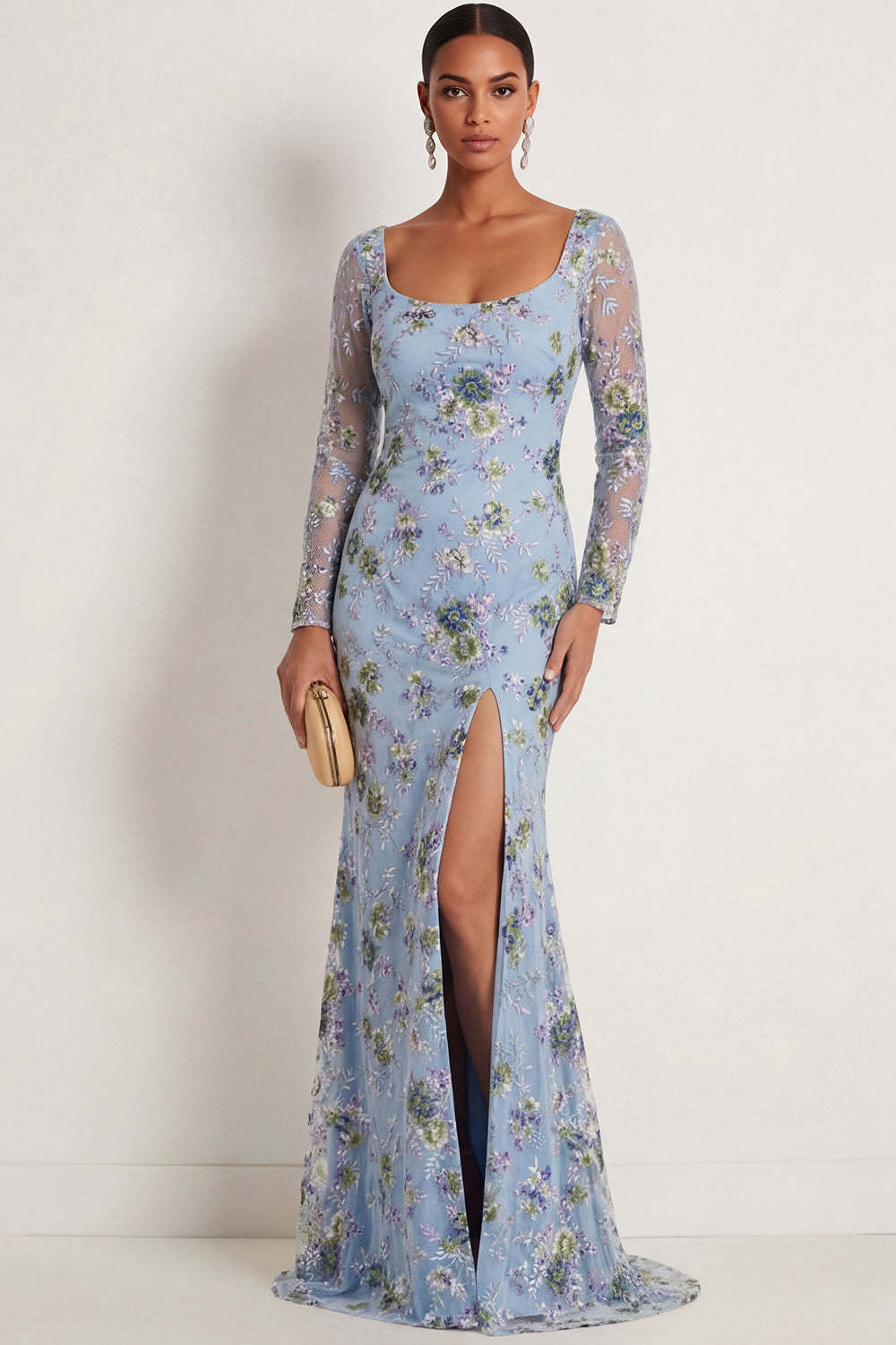 Leely Women Blue Floral Mermaid Embroidered Long Formal Dress with Slit Square Neck Backless Evening Dress with Sleeves