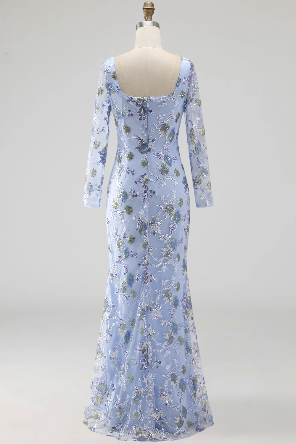Blue Floral Mermaid Square Neck Embroidered Long Formal Dress with Slit