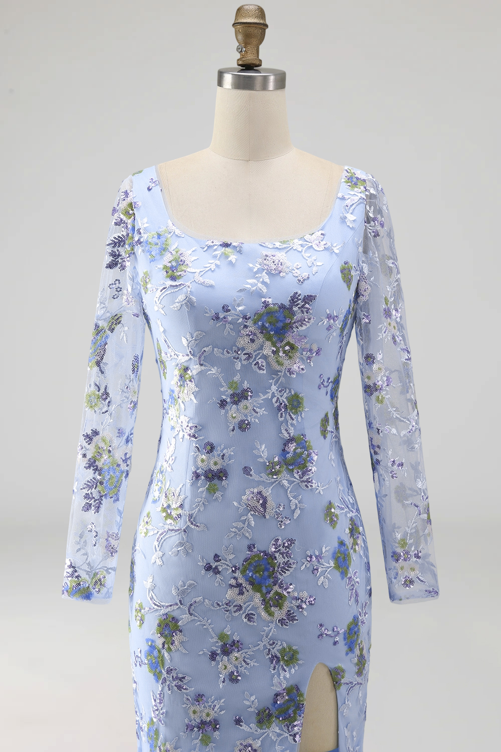 Blue Floral Mermaid Square Neck Embroidered Long Formal Dress with Slit