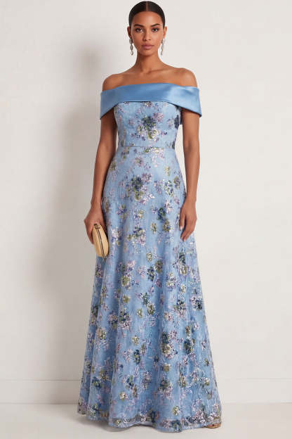 Leely Women Blue Floral A Line Long Formal Dress Off the Shoulder Embroidered Backless Sleeveless Gala Dress