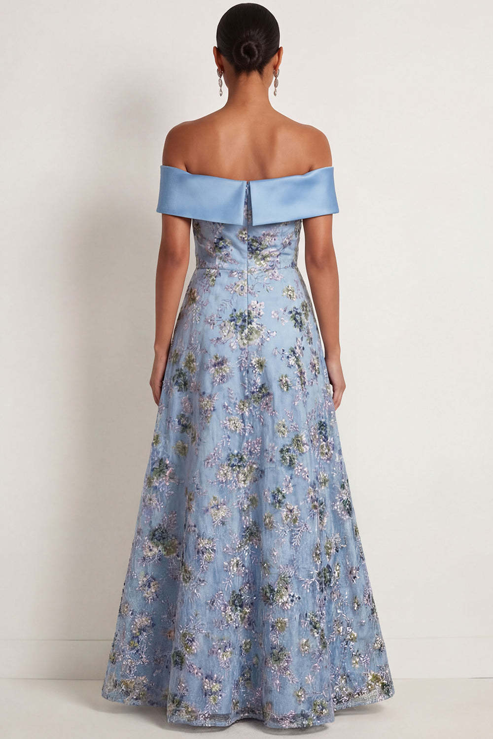 Blue Floral A Line Off the Shoulder Embroidered Long Formal Dress