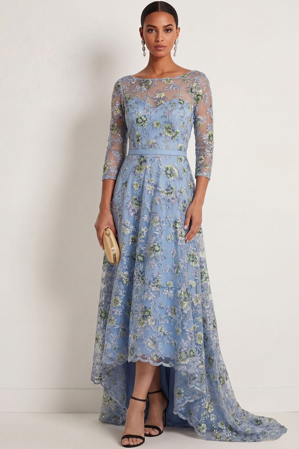 Leely Women Blue High Low Floral Formal Dress Embroidered Illusion Neck A Line 3/4 Sleeves Evening Dress