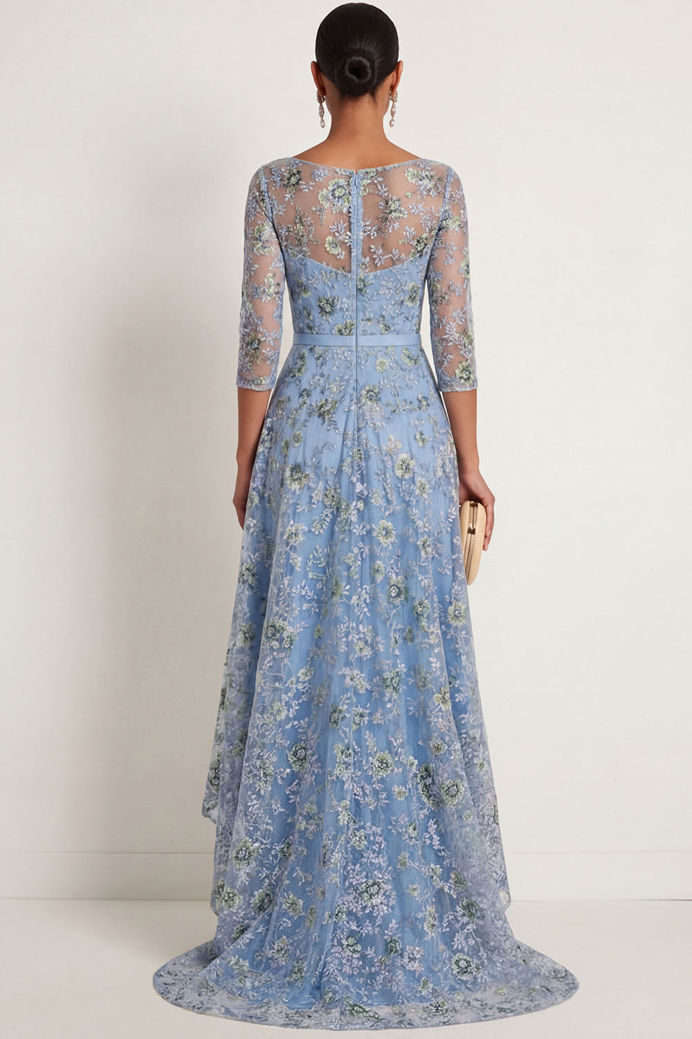 Blue High Low Floral Embroidered Illusion Neck Formal Dress