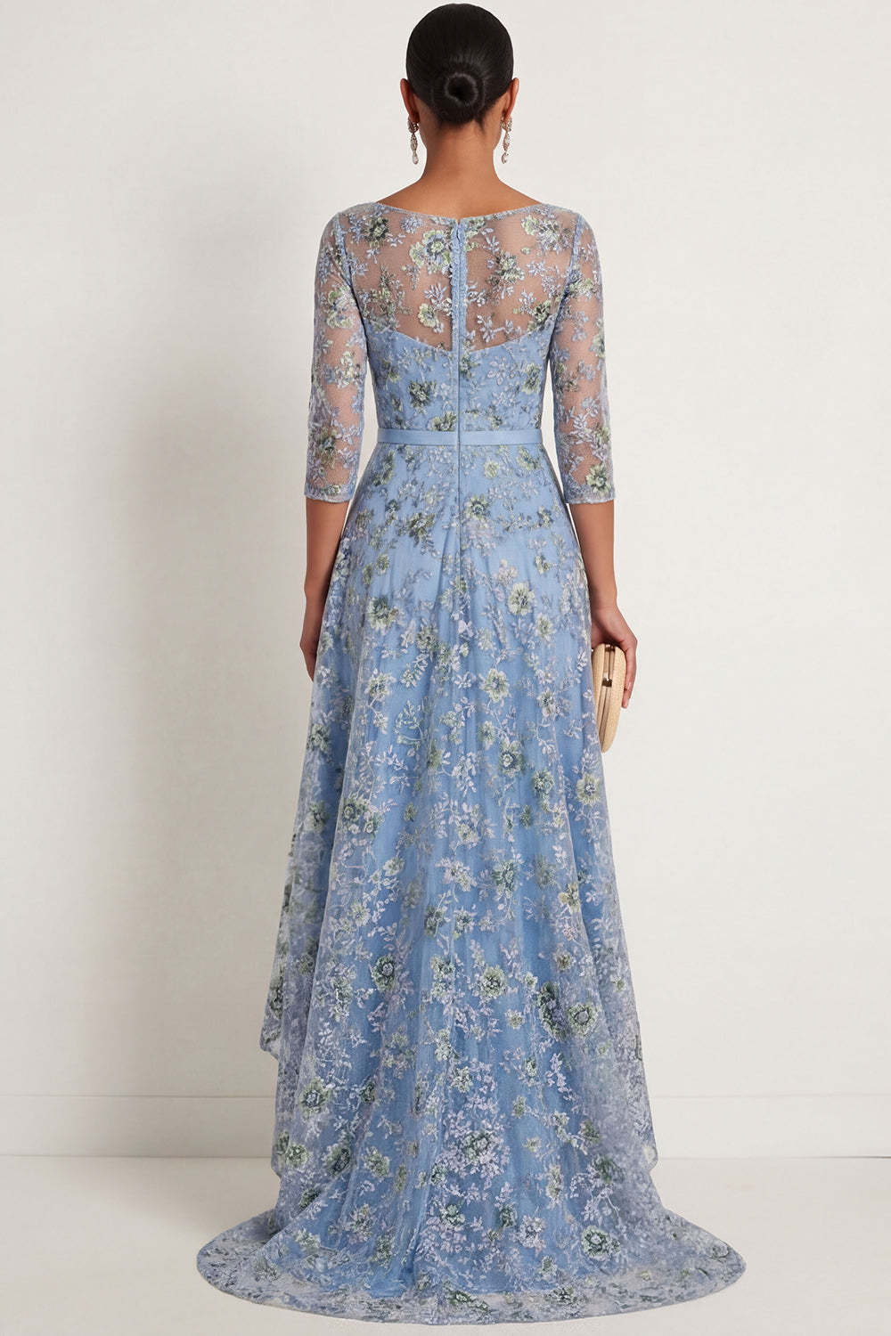 Blue High Low Floral Embroidered Illusion Neck Formal Dress