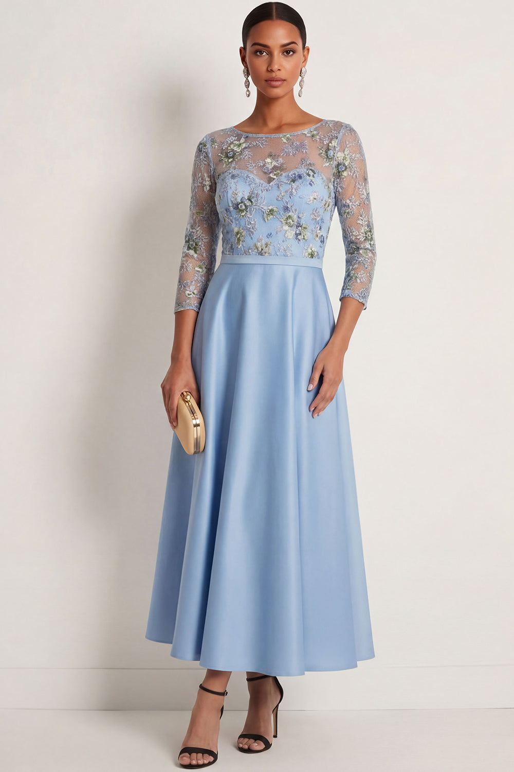 A Line Blue Floral Embroidered Illusion Neck Long Formal Dress