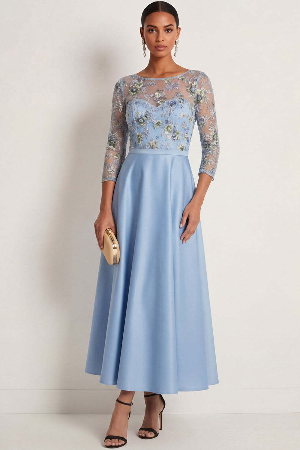 Leely Women A Line Blue Floral Illusion Neck Long Formal Dress Embroidered Satin Wedding Guest Dress