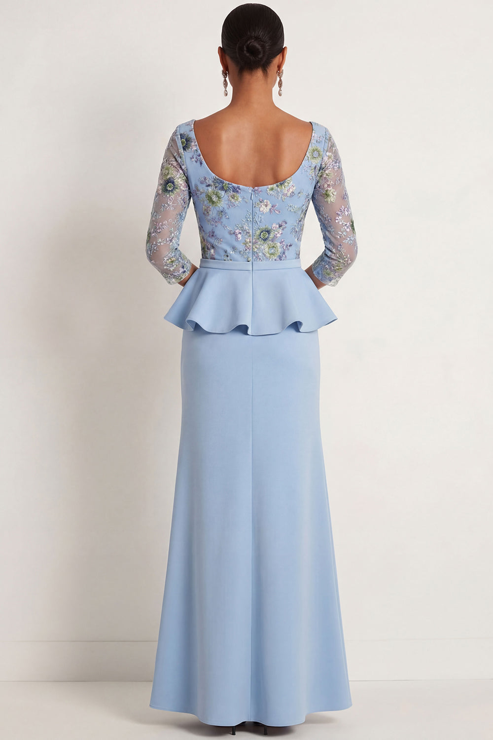 Mermaid Blue Floral Square Neck Ruffled Long Formal Dress