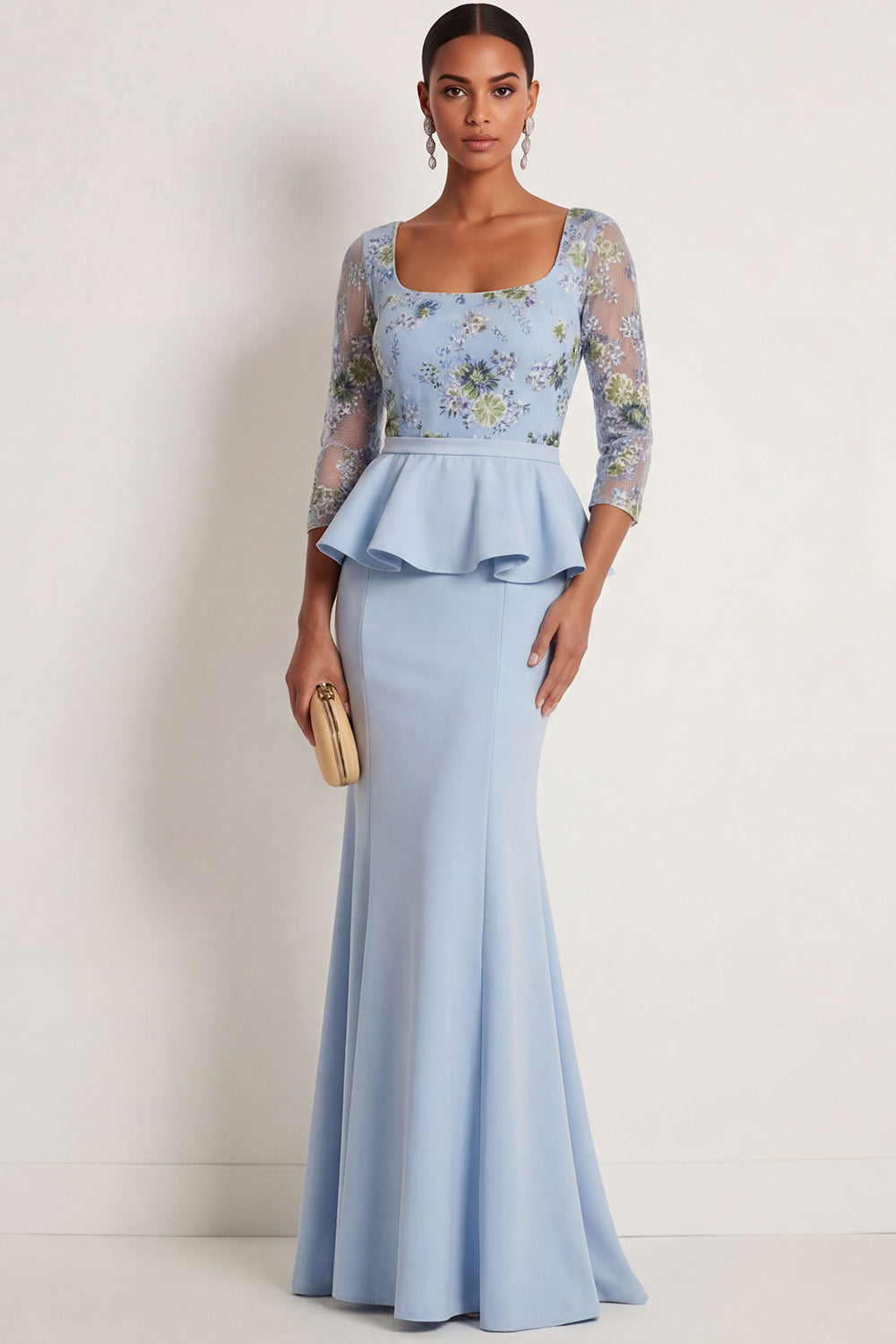 Mermaid Blue Floral Square Neck Ruffled Long Formal Dress