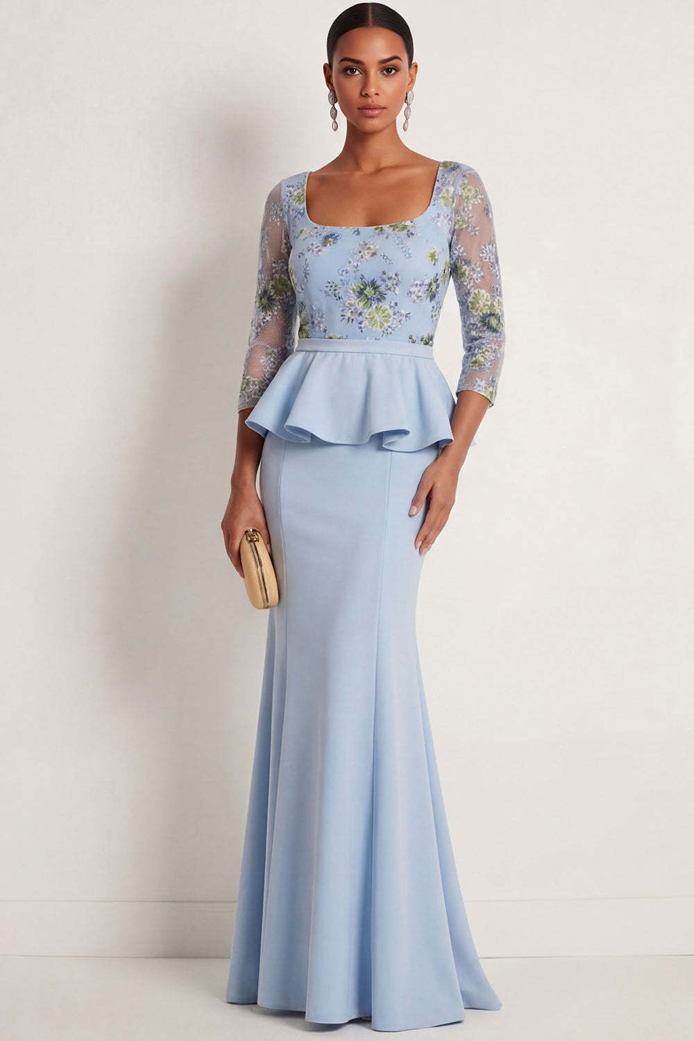 Leely Women Mermaid Blue Floral Long Formal Dress Ruffled Square Neck Backless Embroidered Evening Dress