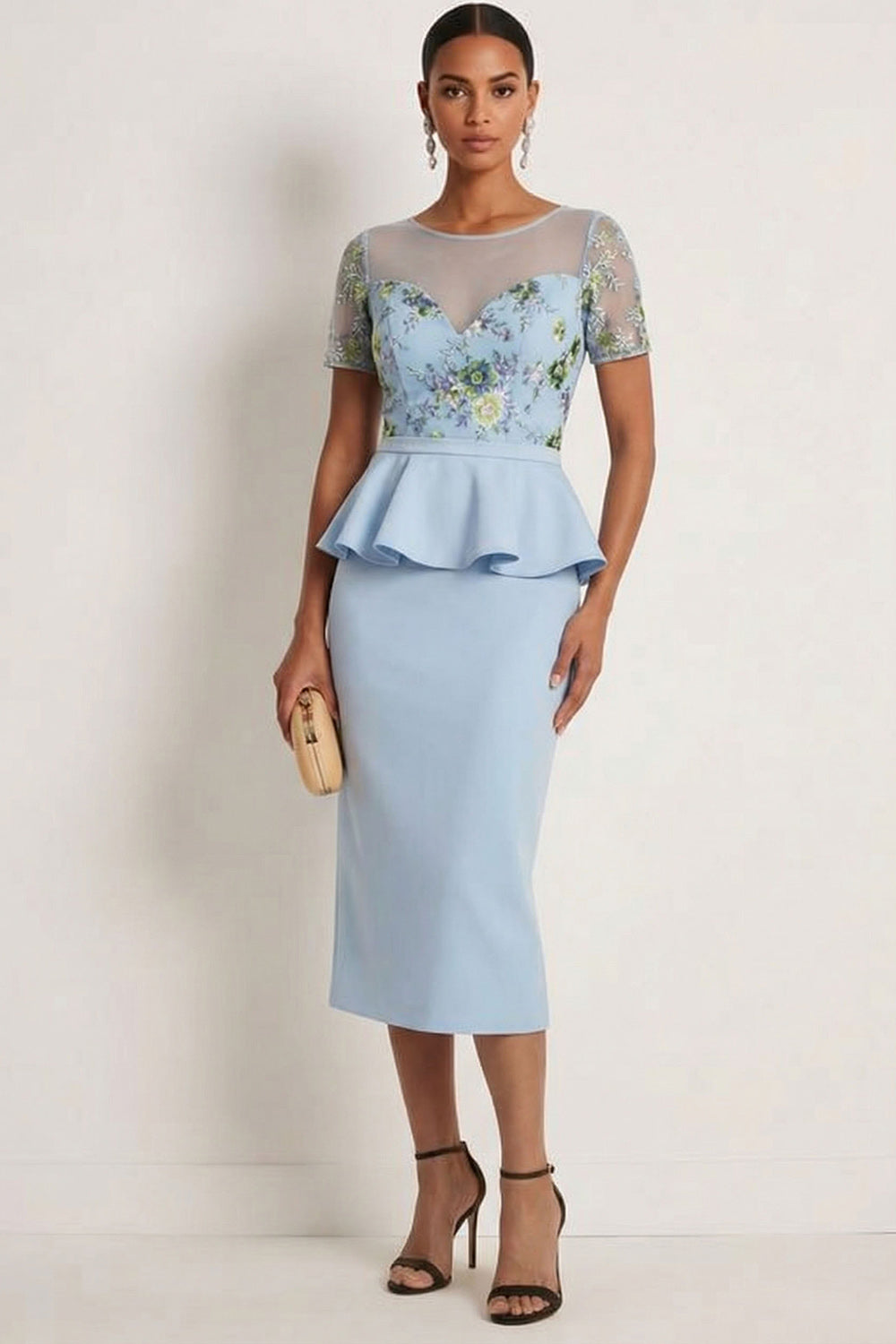 Leely Women Blue Floral Ruffled Long Formal Dress Sheath Illusion Neck Short Sleeves Wedding Guest Dress