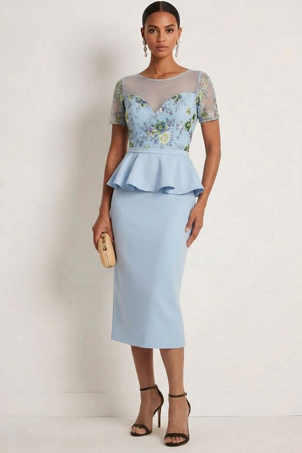 Leely Women Blue Floral Ruffled Long Formal Dress Sheath Illusion Neck Short Sleeves Wedding Guest Dress