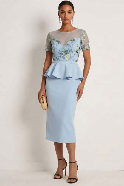 Leely Women Blue Floral Ruffled Long Formal Dress Sheath Illusion Neck Short Sleeves Wedding Guest Dress