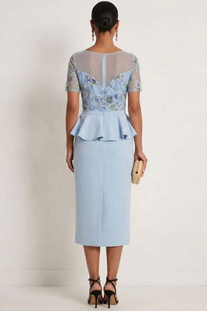 Blue Floral Ruffled Illusion Neck Long Formal Dress