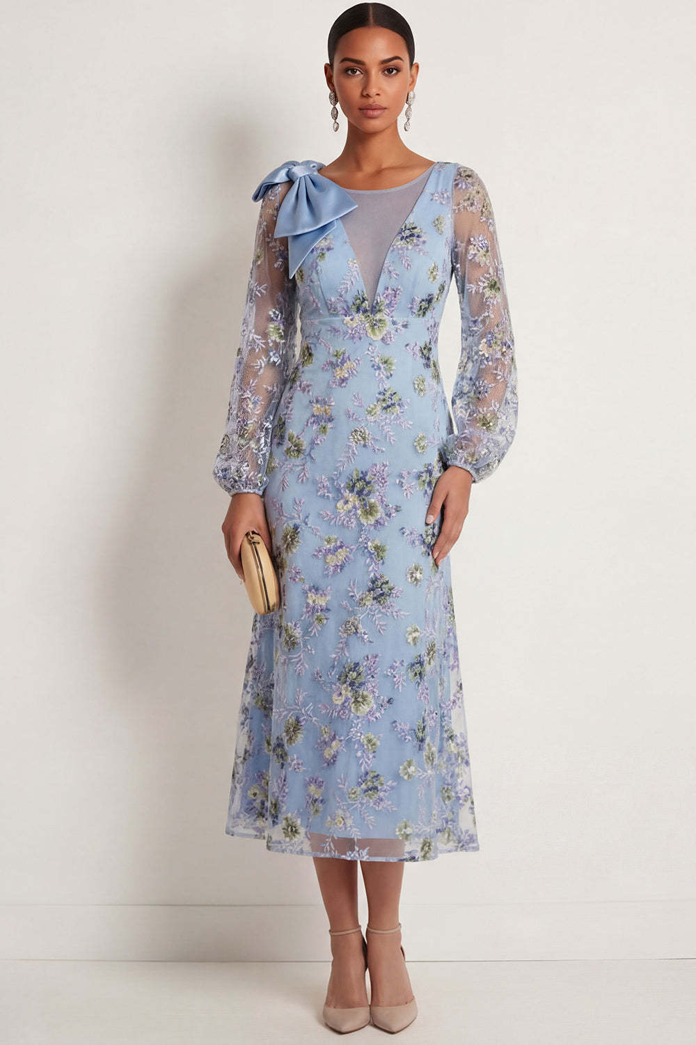 Leely Women A Line Blue Floral Embroidered Midi Formal Dress with Long Sleeves Boat Neck Bowed Evening Dress