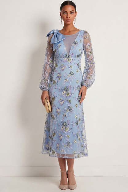 Leely Women A Line Blue Floral Embroidered Midi Formal Dress with Long Sleeves Boat Neck Bowed Evening Dress
