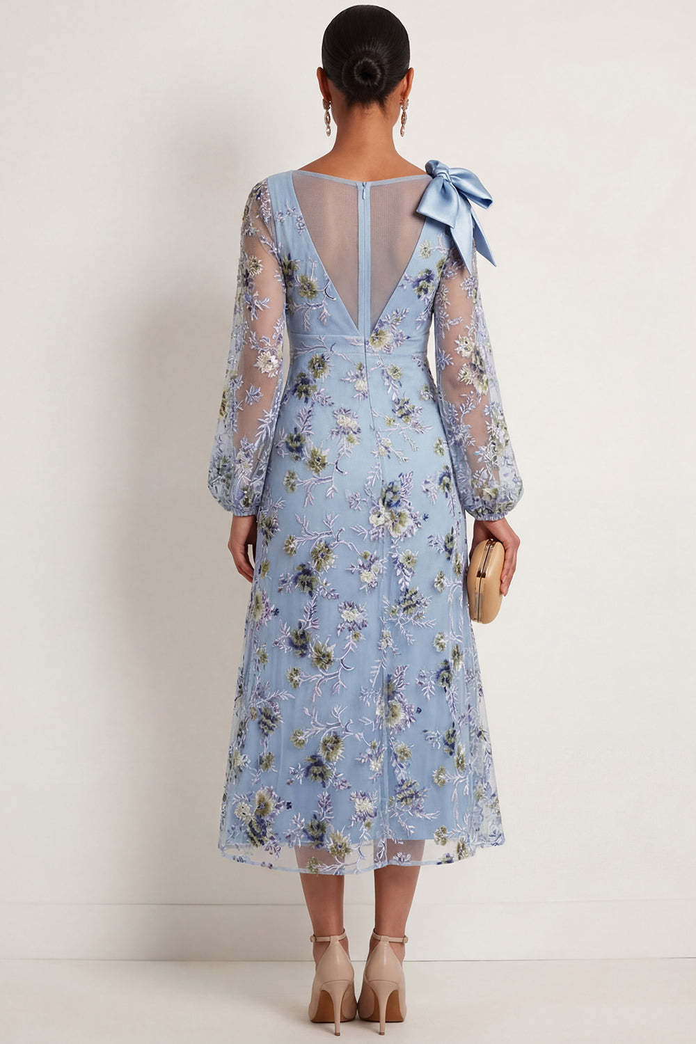 A Line Blue Floral Embroidered Boat Neck Midi Formal Dress