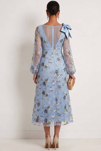 A Line Blue Floral Embroidered Boat Neck Midi Formal Dress
