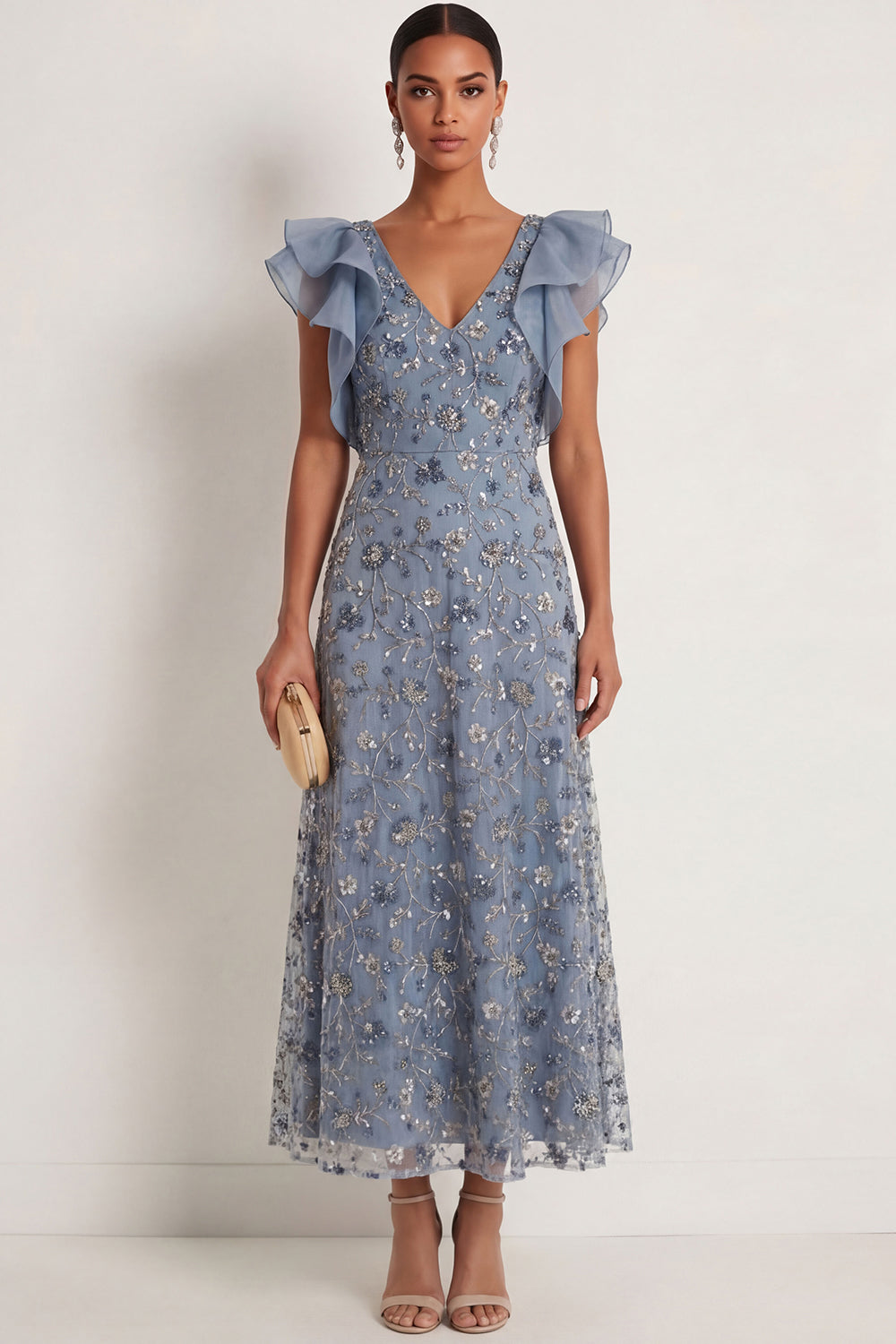 Leely Women Floral Sparkly Beaded Twilight A Line Long Formal Dress V Neck Ruffled Sleeveless Wedding Guest Dress