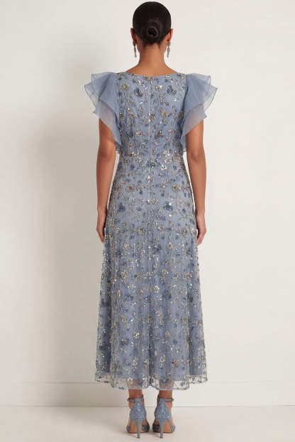 Floral Sparkly Beaded Twilight A Line V Neck Ruffled Long Formal Dress