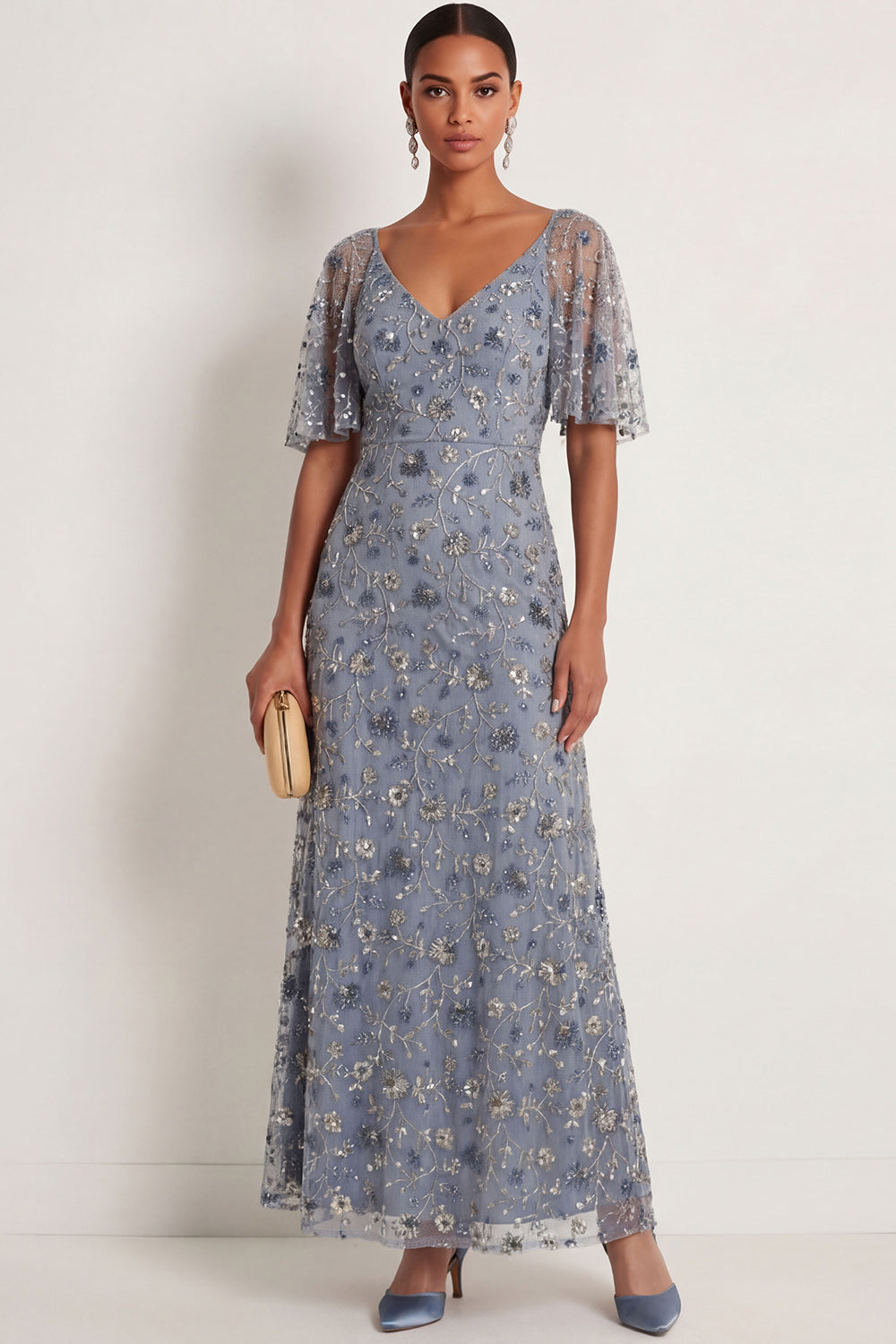 Twilight Sheath Floral V Neck Long Formal Dress