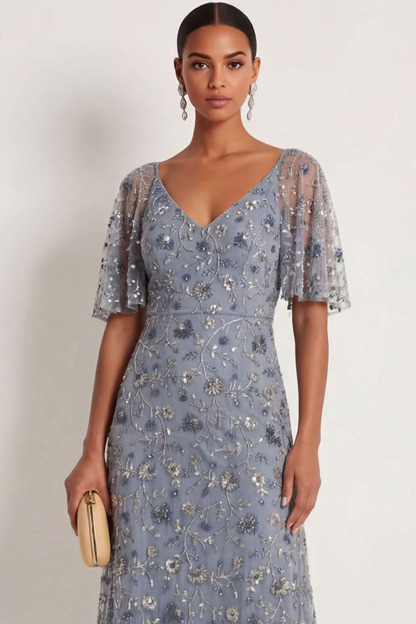 Twilight Sheath Floral V Neck Long Formal Dress