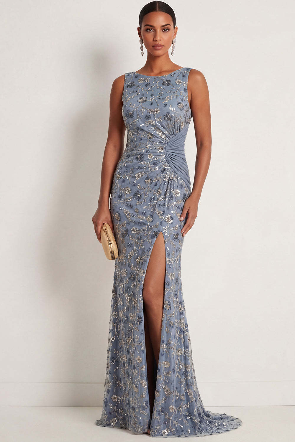 Leely Women Sparkly Twilight Mermaid Floral Long Formal Dress with Slit Ruched Appliqued Sleeveless Wedding Guest Dress