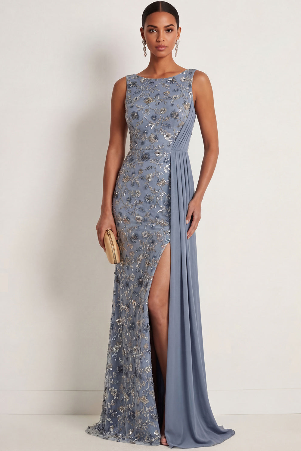Floral Ruched Sparkly Twilight Mermaid Appliqued Long Formal Dress with Slit