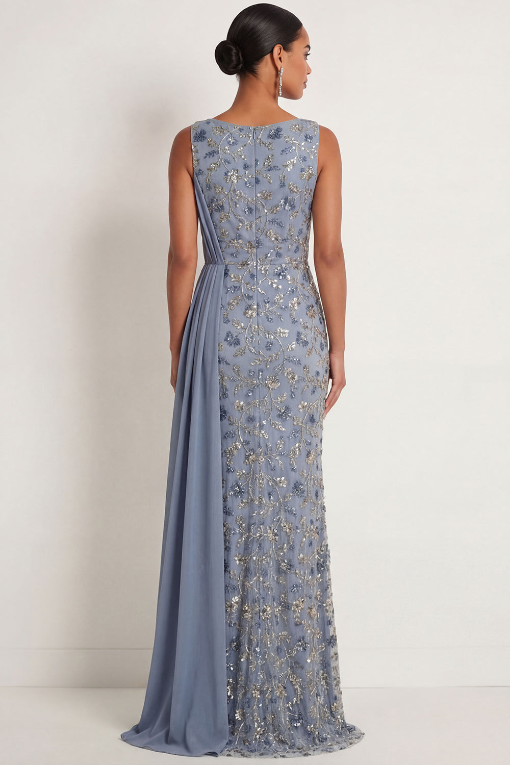 Floral Ruched Sparkly Twilight Mermaid Appliqued Long Formal Dress with Slit