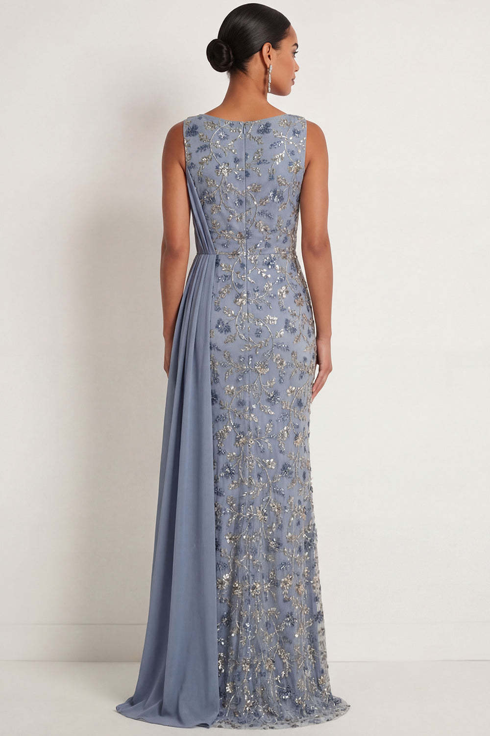 Floral Ruched Sparkly Twilight Mermaid Appliqued Long Formal Dress with Slit